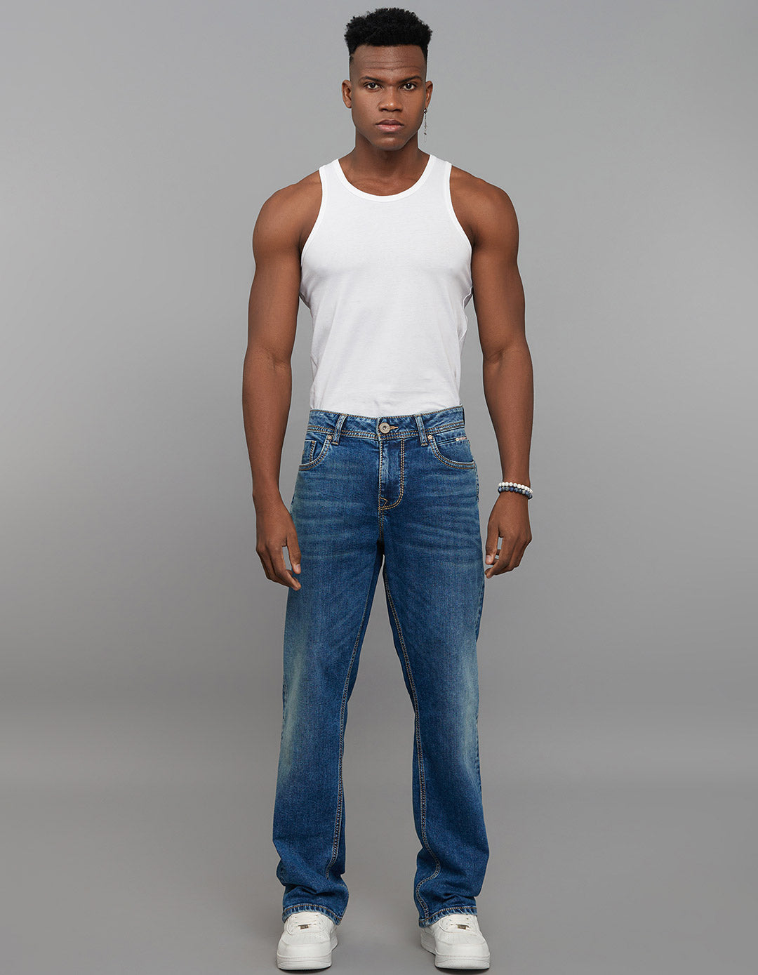 Medium Blue 5 Pocket Midrise, Comfort And Straight Fit Stretch Jeans