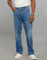 Medium Blue 5 Pocket Midrise, Comfort And Straight Fit Stretch Jeans