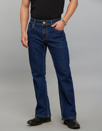 Dark Blue 5 Pocket Mid Rise Cropped length Loose Boot Leg Stretch Jeans