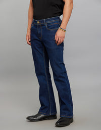 Dark Blue 5 Pocket Mid Rise Cropped length Loose Boot Leg Stretch Jeans