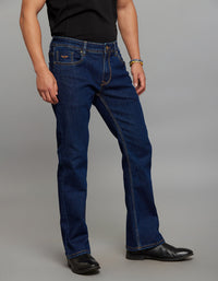 Dark Blue 5 Pocket Mid Rise Cropped length Loose Boot Leg Stretch Jeans