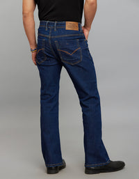 Dark Blue 5 Pocket Mid Rise Cropped length Loose Boot Leg Stretch Jeans