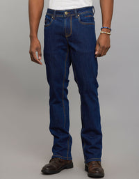 Dark Blue 5 Pocket Mid Rise Loose Boot Leg Stretch Jeans