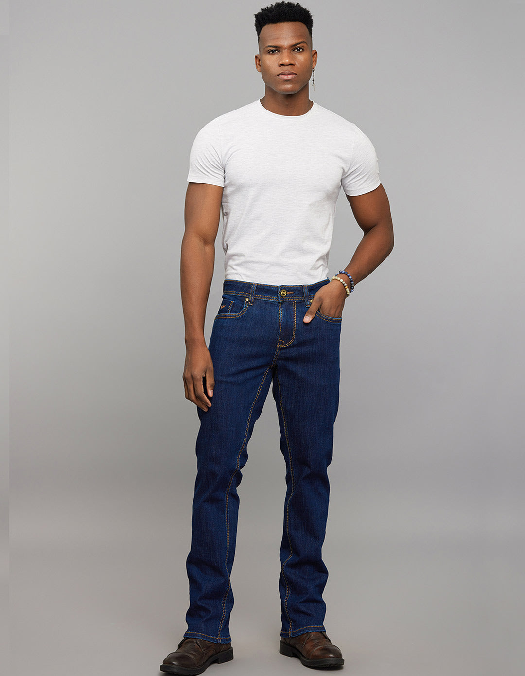Dark Blue 5 Pocket Mid Rise Loose Boot Leg Stretch Jeans