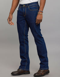Dark Blue 5 Pocket Mid Rise Loose Boot Leg Stretch Jeans