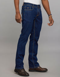 Dark Blue 5 Pocket Mid Rise Loose Boot Leg Stretch Jeans