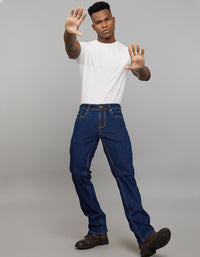 Dark Blue 5 Pocket Mid Rise Loose Boot Leg Stretch Jeans