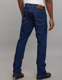 Dark Blue 5 Pocket Mid Rise Loose Boot Leg Stretch Jeans