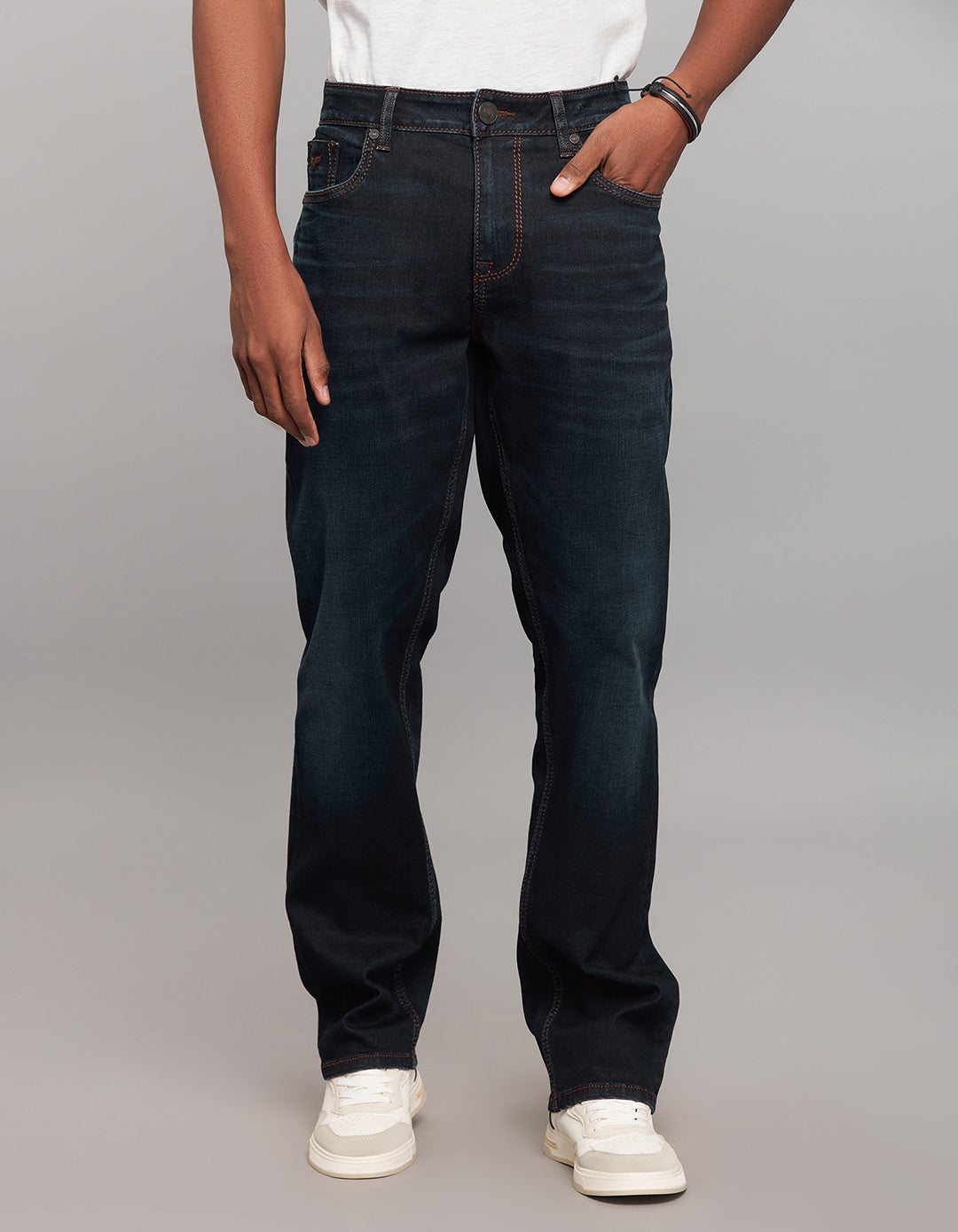 Dark Blue 5 Pocket Midrise, Comfort And Straight Fit Stretch Jeans