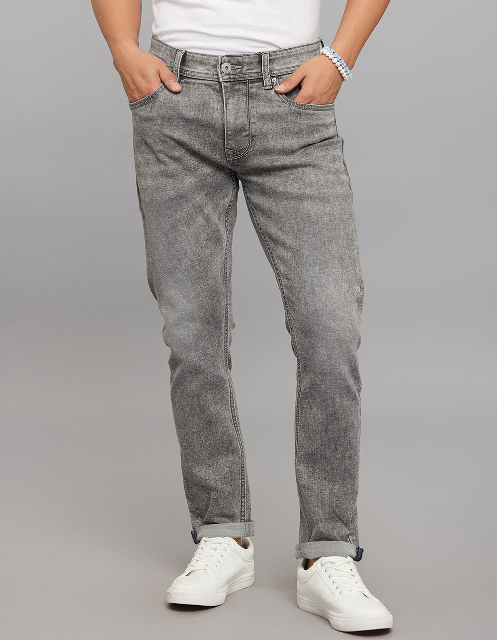 Grey 5 Pocket Low-Rise Tapered Ankle Length Classic Stretch Jeans