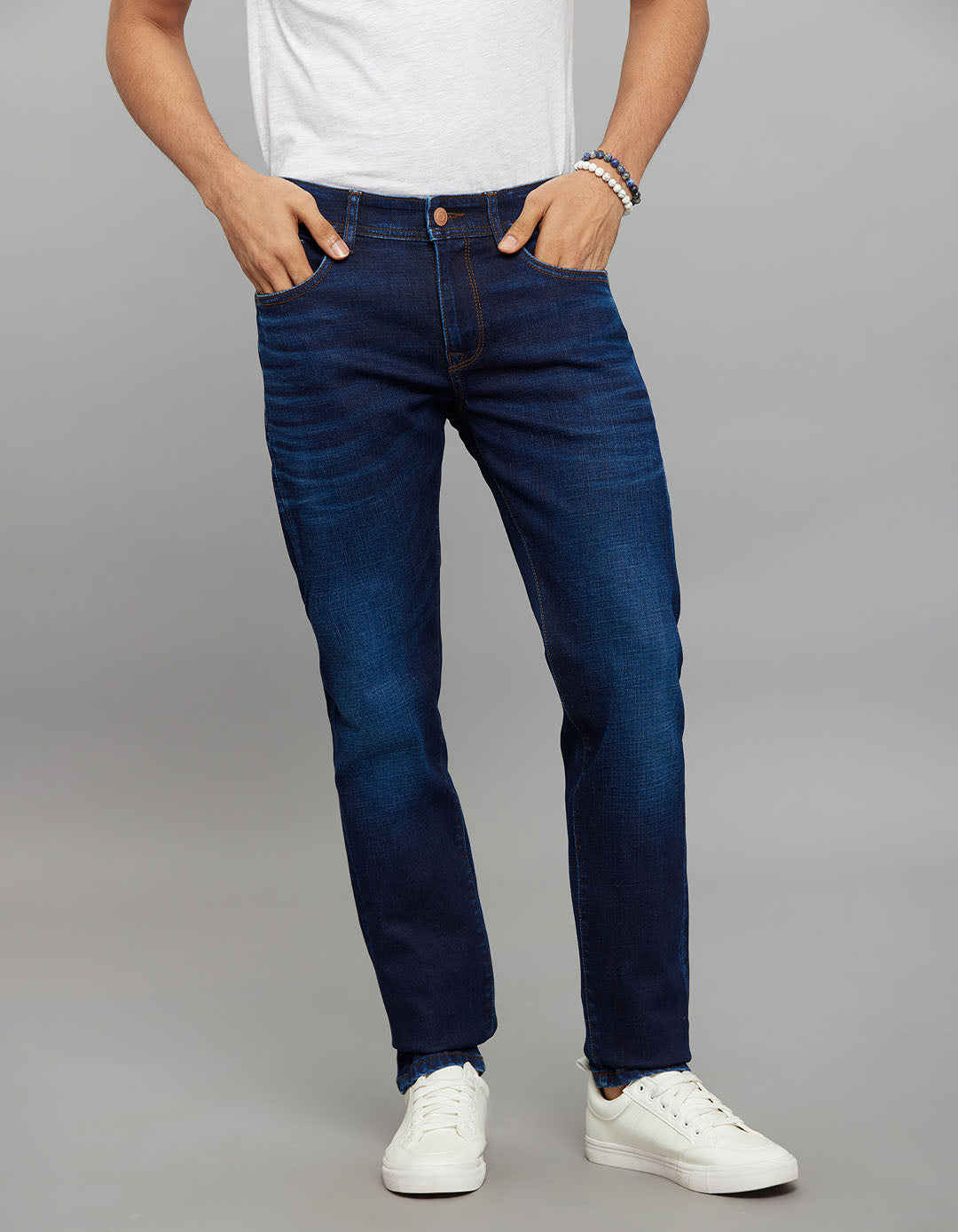 Dark Blue 5 Pocket Mid-Rise Slim Straight Fit Classic Stretch Jeans