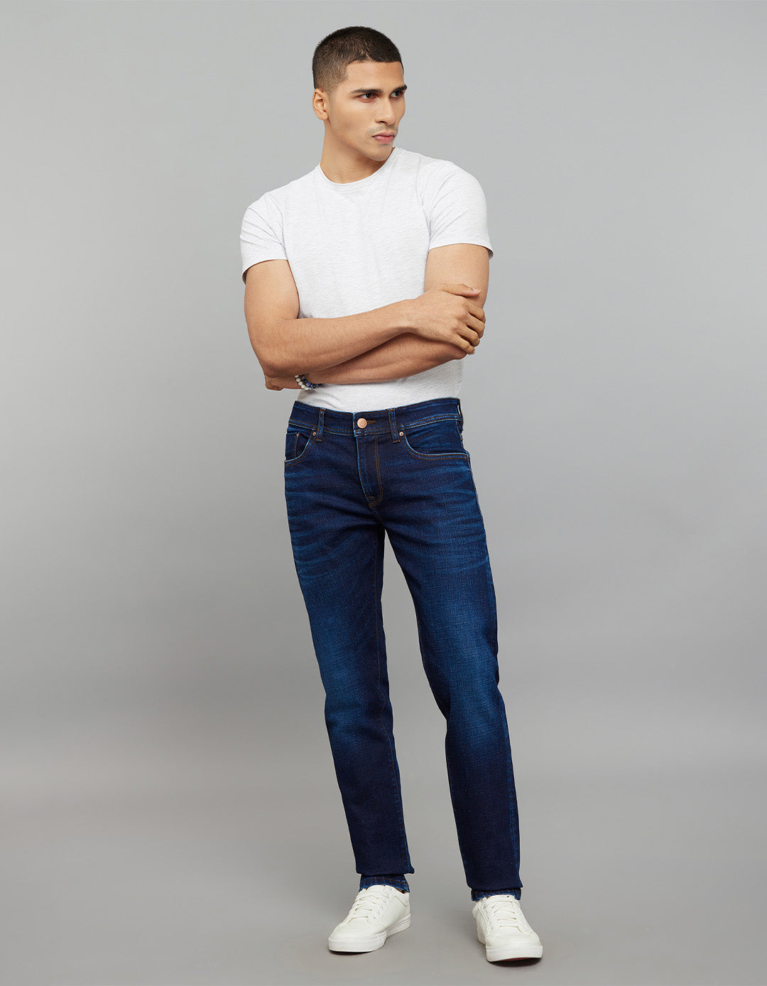 Dark Blue 5 Pocket Mid-Rise Slim Straight Fit Classic Stretch Jeans