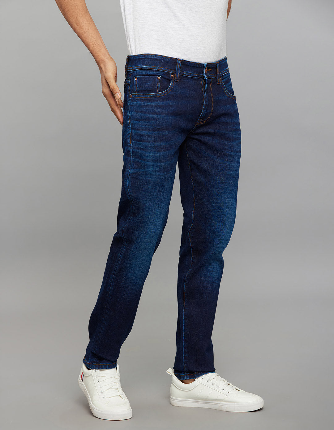 Dark Blue 5 Pocket Mid-Rise Slim Straight Fit Classic Stretch Jeans