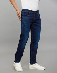 Dark Blue 5 Pocket Mid-Rise Slim Straight Fit Classic Stretch Jeans