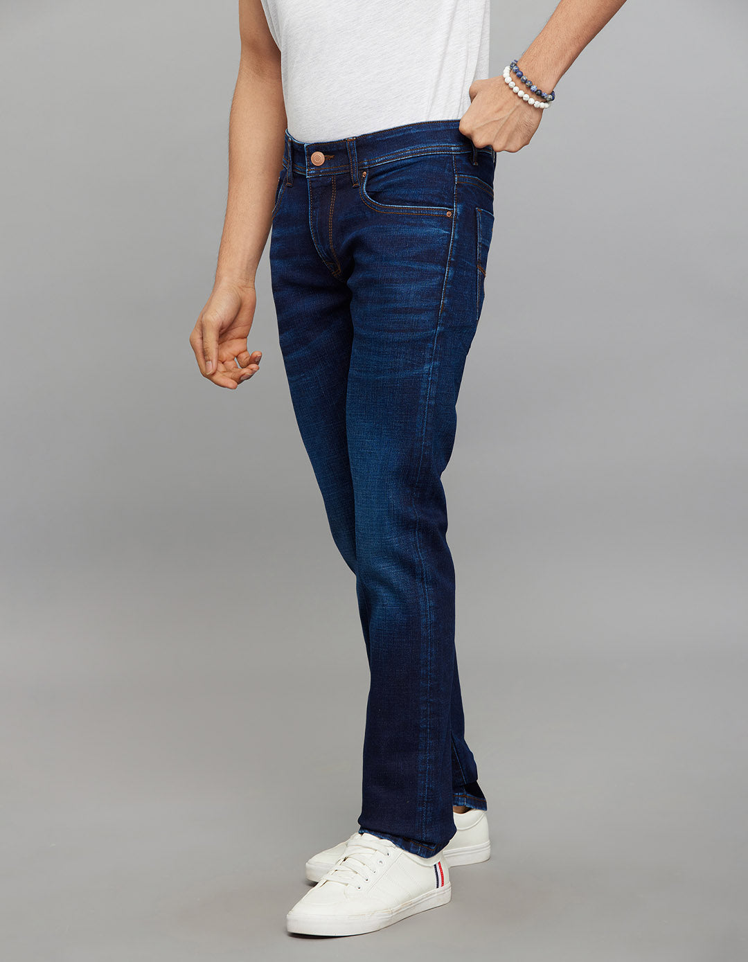 Dark Blue 5 Pocket Mid-Rise Slim Straight Fit Classic Stretch Jeans