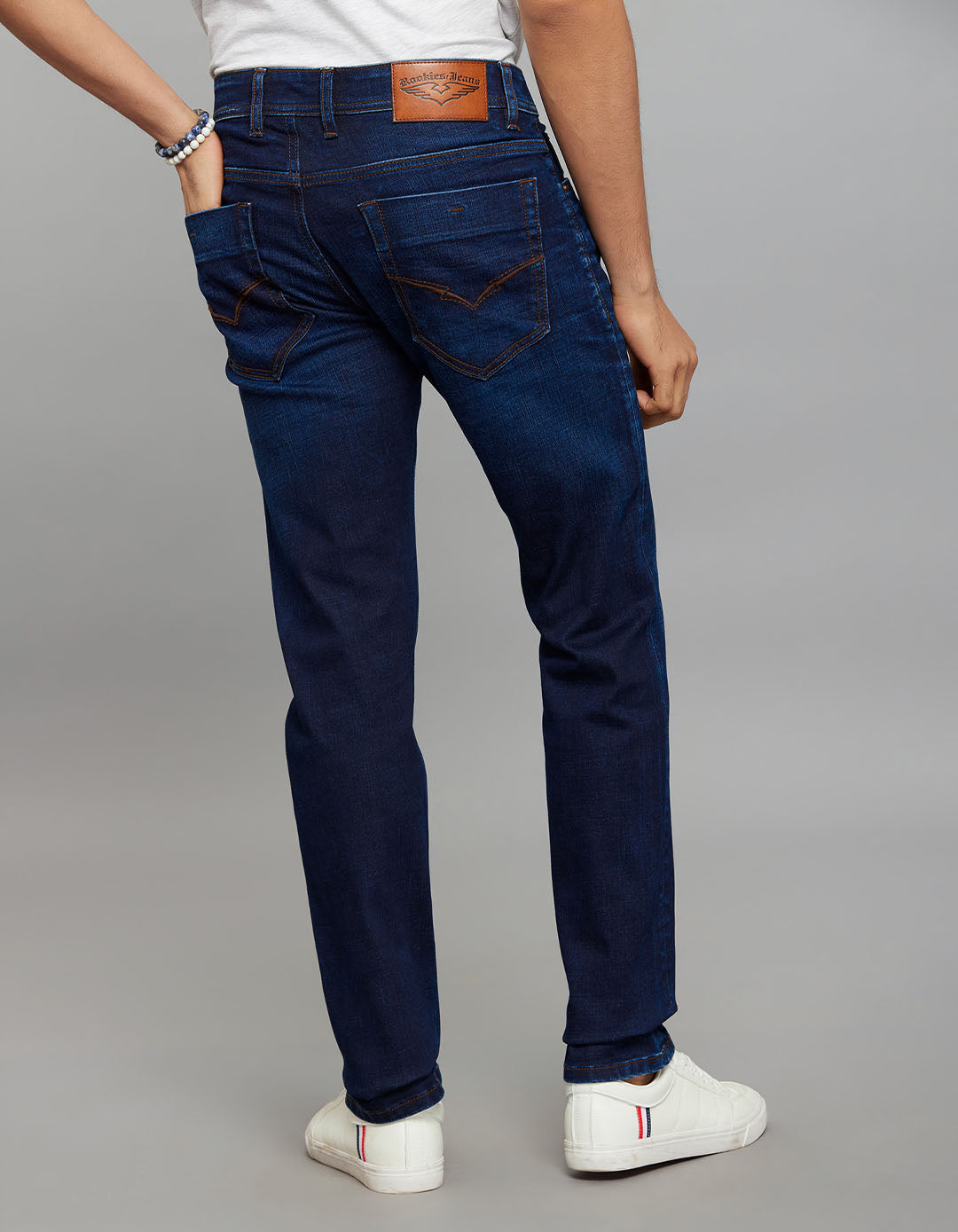Dark Blue 5 Pocket Mid-Rise Slim Straight Fit Classic Stretch Jeans