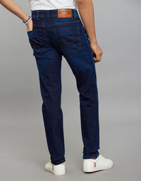 Dark Blue 5 Pocket Mid-Rise Slim Straight Fit Classic Stretch Jeans