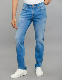 Light Blue 5 Pocket Mid-Rise Slim Straight Fit Classic Stretch Jeans