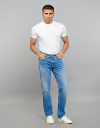 Light Blue 5 Pocket Mid-Rise Slim Straight Fit Classic Stretch Jeans
