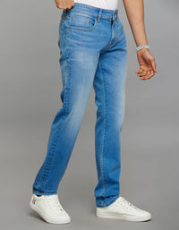 Light Blue 5 Pocket Mid-Rise Slim Straight Fit Classic Stretch Jeans