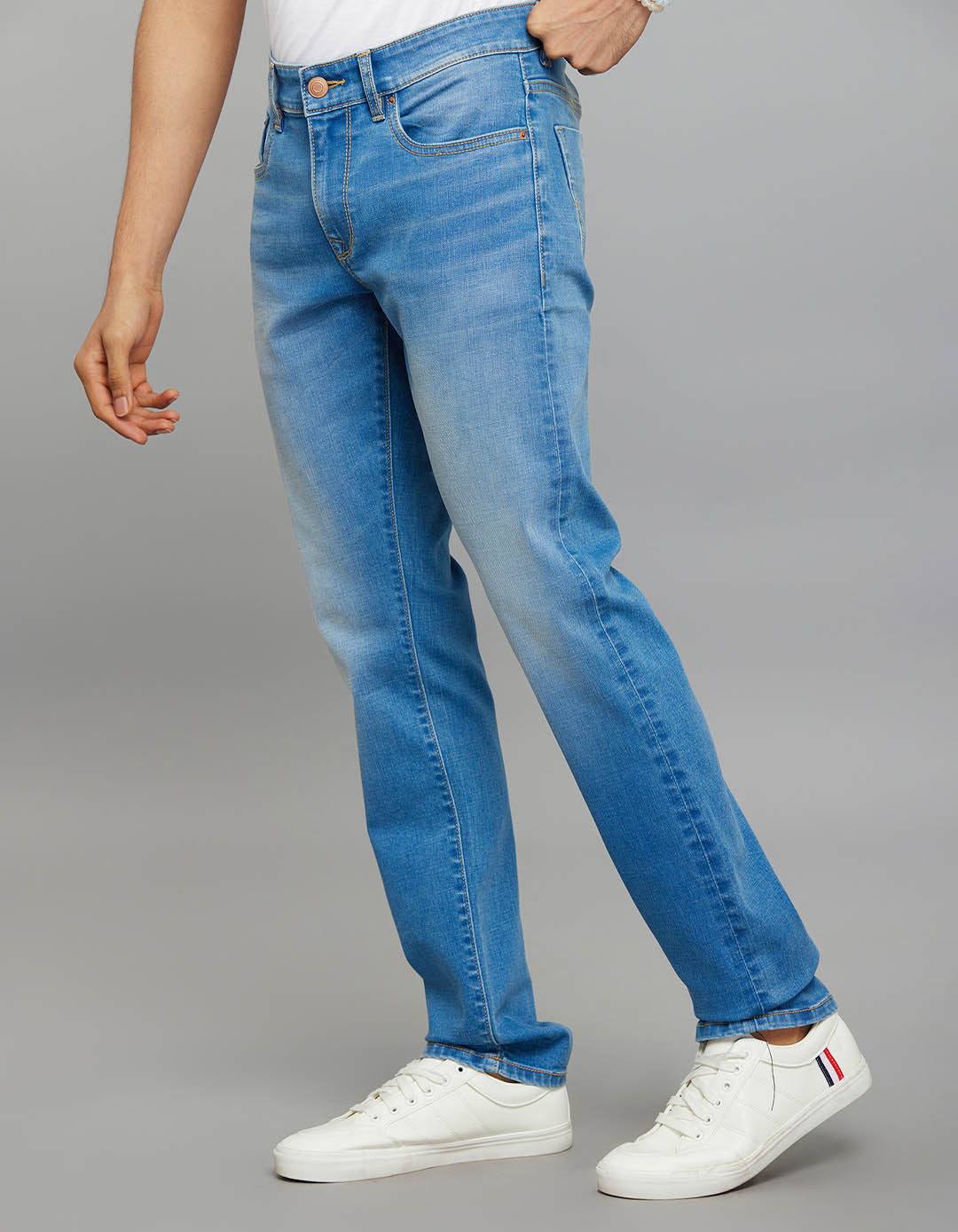 Light Blue 5 Pocket Mid-Rise Slim Straight Fit Classic Stretch Jeans