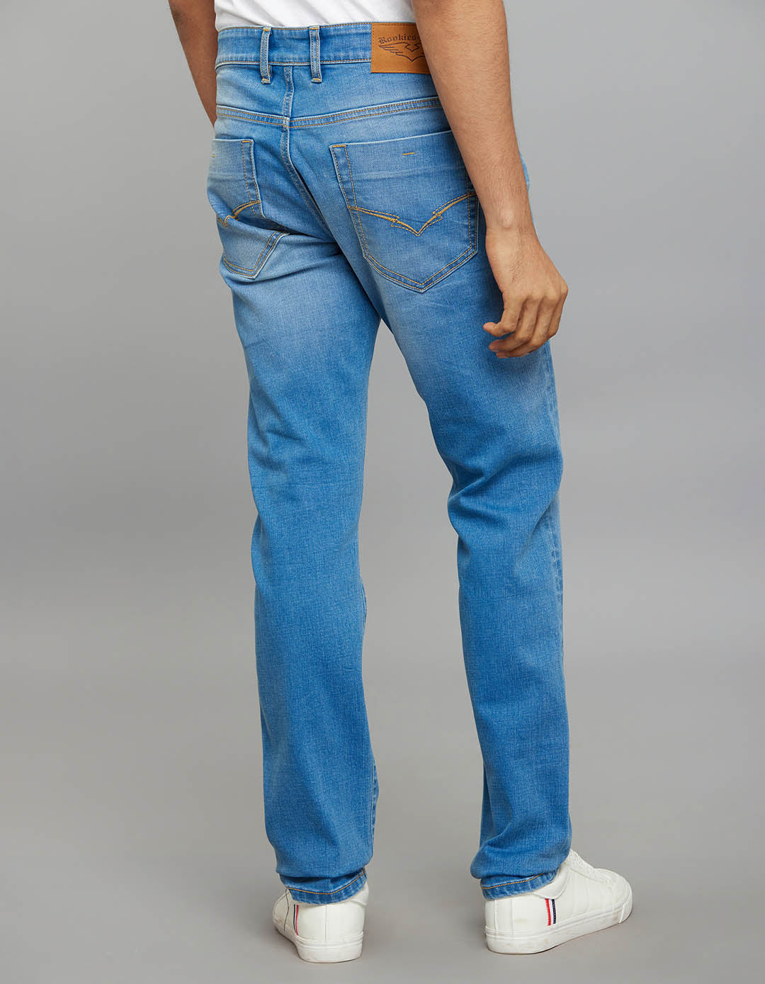 Light Blue 5 Pocket Mid-Rise Slim Straight Fit Classic Stretch Jeans