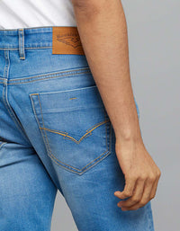Light Blue 5 Pocket Mid-Rise Slim Straight Fit Classic Stretch Jeans