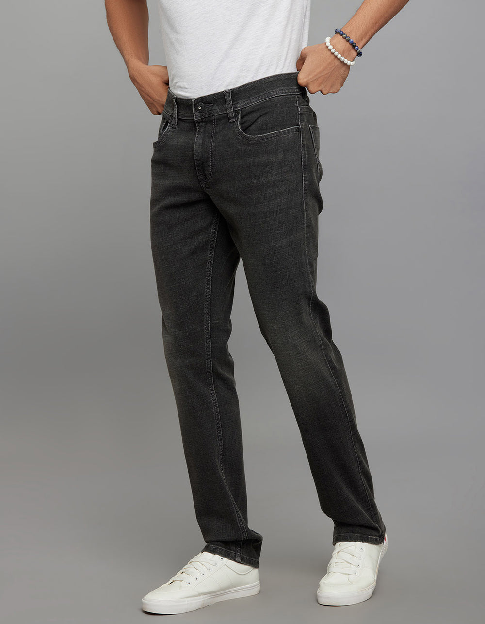Grey Mid-Rise Slim Straight Fit Classic Stretch Jeans