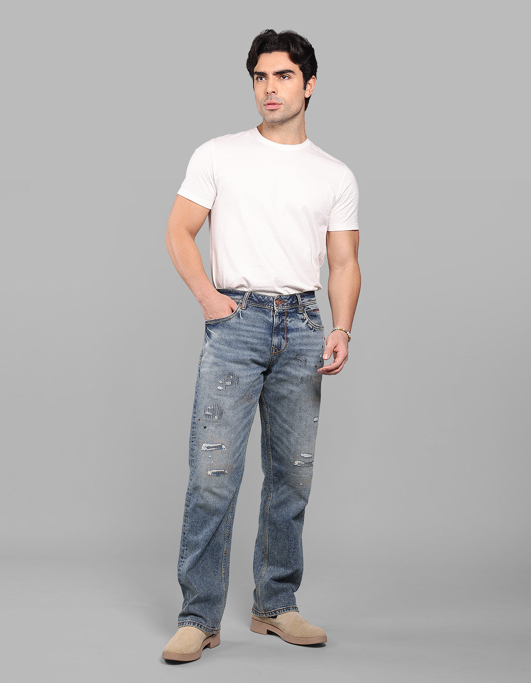 Med Blue 5 Pocket Midrise, Comfort And Straight Fit Stretch Jeans