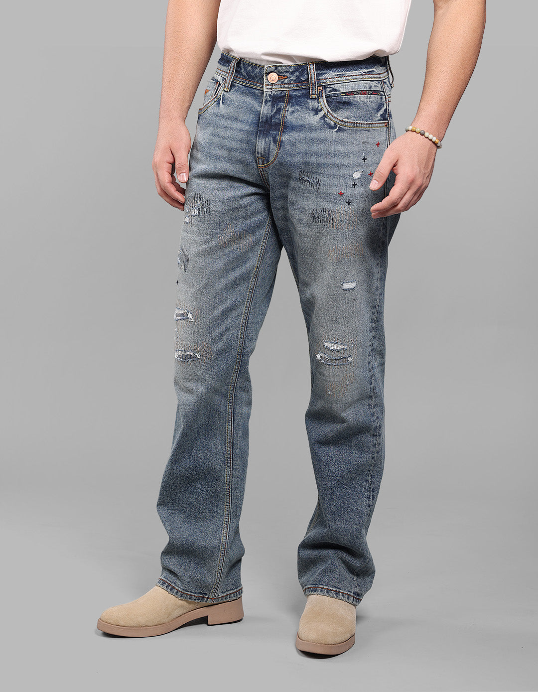 Med Blue 5 Pocket Midrise, Comfort And Straight Fit Stretch Jeans