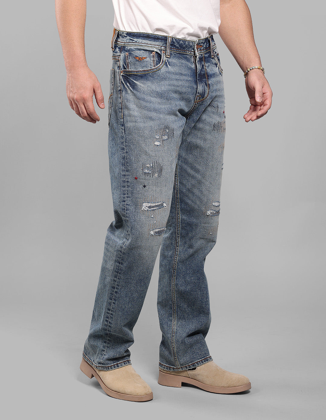 Med Blue 5 Pocket Midrise, Comfort And Straight Fit Stretch Jeans