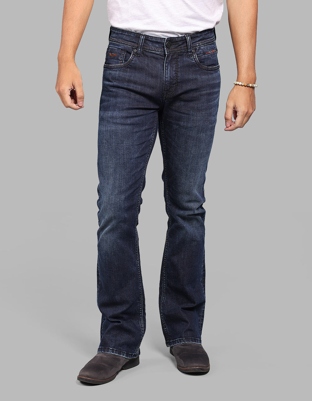 DK BLUE 5 Pocket Mid Rise Loose Boot Leg Stretch Jeans