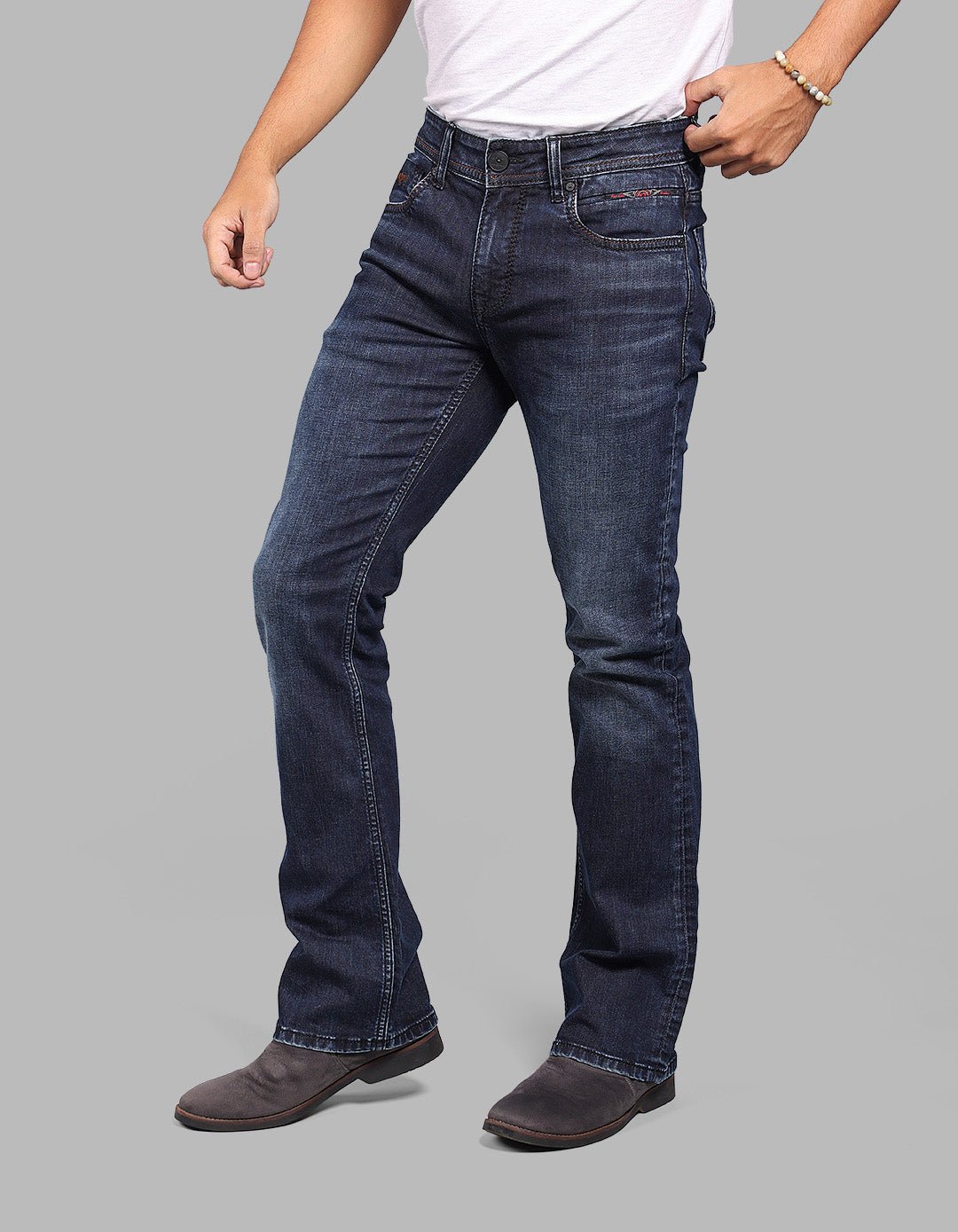 DK BLUE 5 Pocket Mid Rise Loose Boot Leg Stretch Jeans