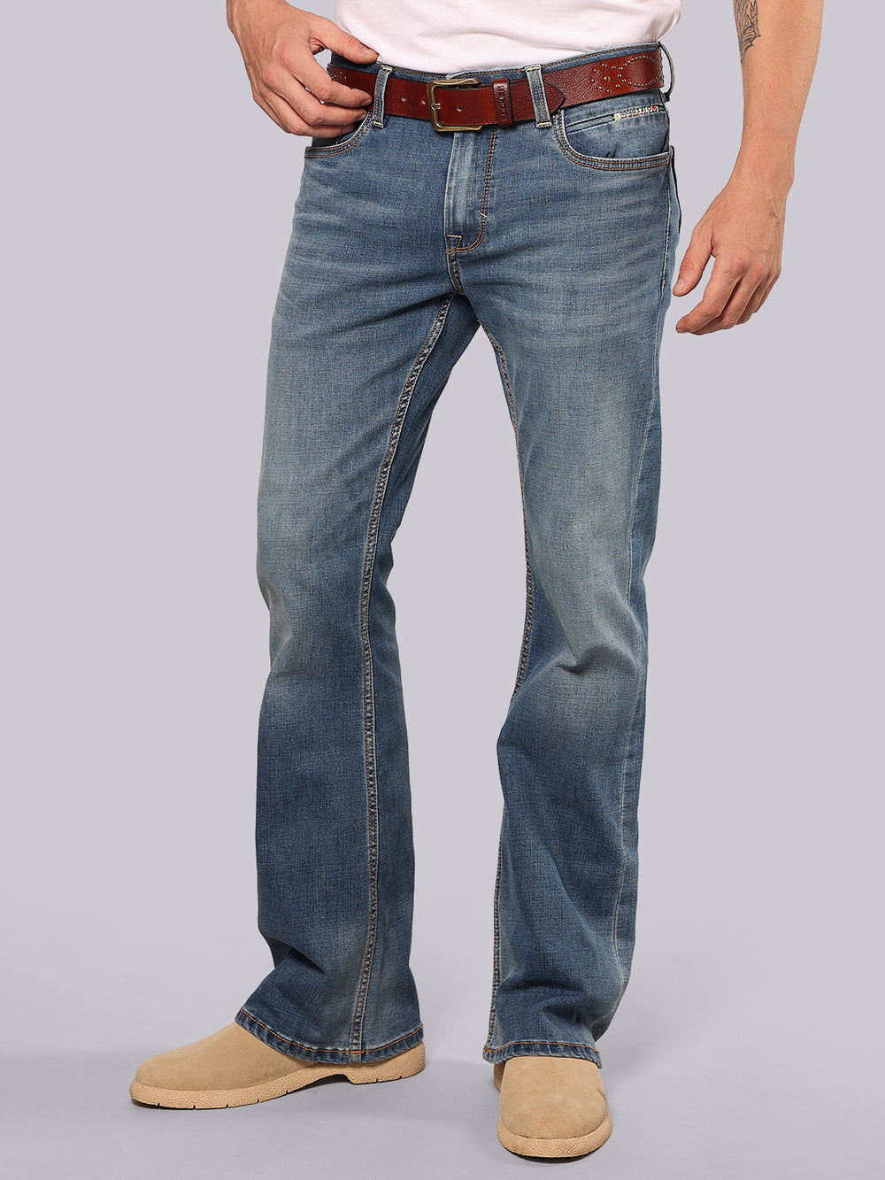 Med Blue Mid Rise Loose Boot Leg Stretch Jeans