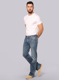 Med Blue Mid Rise Loose Boot Leg Stretch Jeans