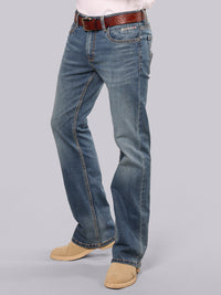 Med Blue Mid Rise Loose Boot Leg Stretch Jeans