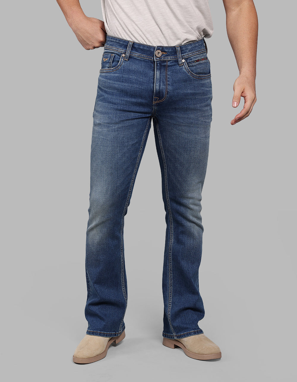 MED BLUE 5 Pocket Mid Rise Loose Boot Leg Stretch Jeans