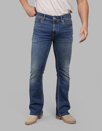 MED BLUE 5 Pocket Mid Rise Loose Boot Leg Stretch Jeans