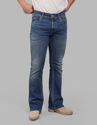 MED BLUE 5 Pocket Mid Rise Loose Boot Leg Stretch Jeans