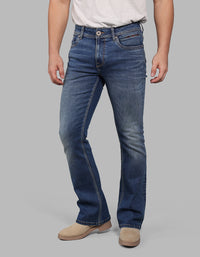 MED BLUE 5 Pocket Mid Rise Loose Boot Leg Stretch Jeans