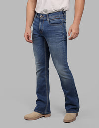 MED BLUE 5 Pocket Mid Rise Loose Boot Leg Stretch Jeans