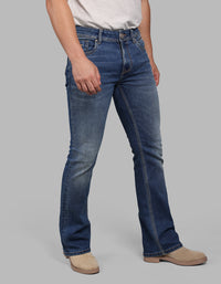 MED BLUE 5 Pocket Mid Rise Loose Boot Leg Stretch Jeans