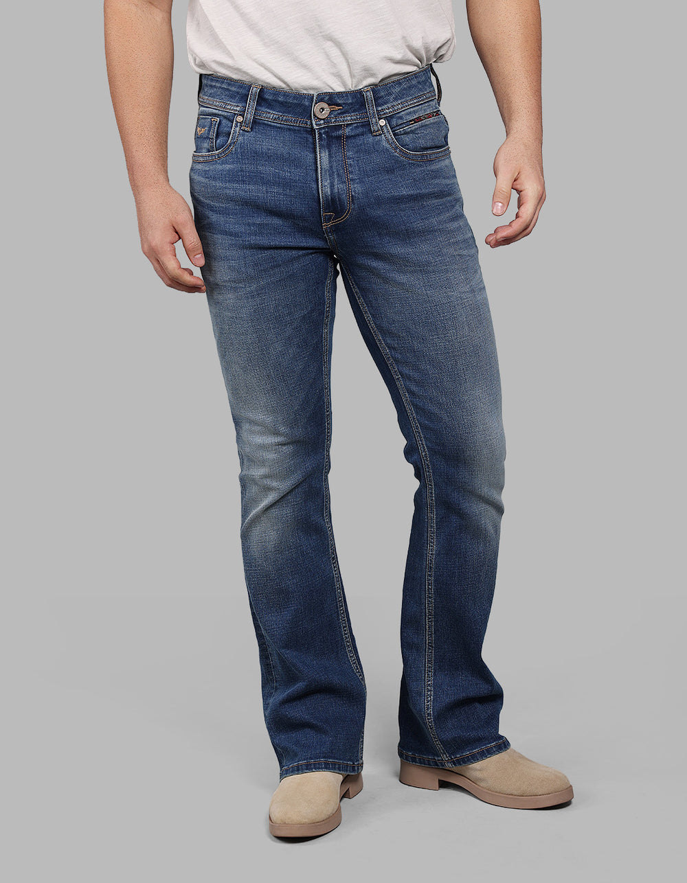 MED BLUE 5 Pocket Mid Rise Cropped length Loose Boot Leg Stretch Jeans