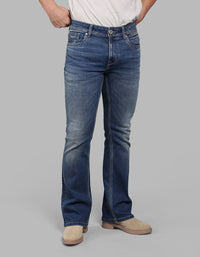 MED BLUE 5 Pocket Mid Rise Cropped length Loose Boot Leg Stretch Jeans