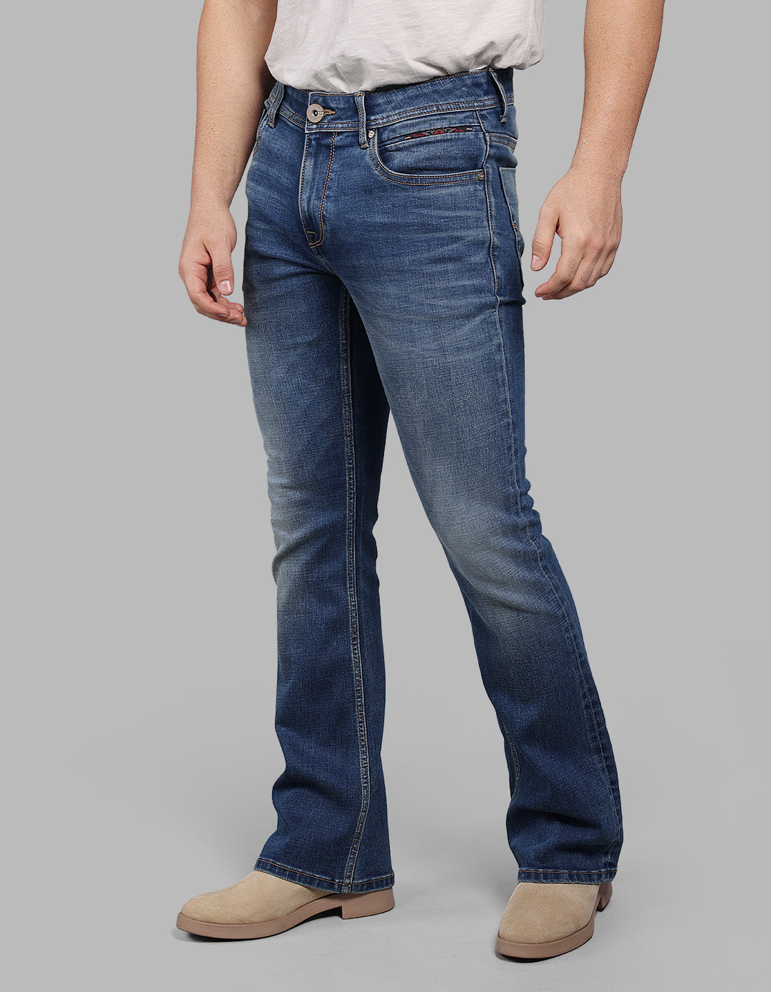 MED BLUE 5 Pocket Mid Rise Cropped length Loose Boot Leg Stretch Jeans