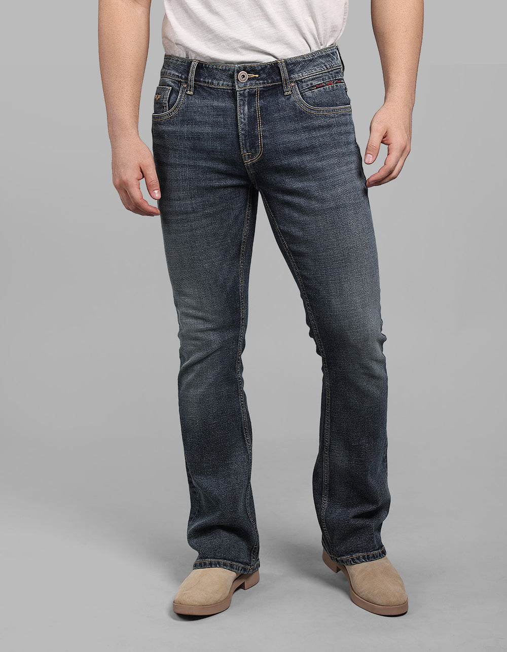Med Blue 5 Pocket Mid Rise Loose Boot Leg Stretch Jeans