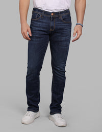 Med Blue 5 Pocket Mid-Rise Slim Straight Fit Stretch Jeans