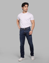 Med Blue 5 Pocket Mid-Rise Slim Straight Fit Stretch Jeans