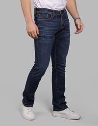 Med Blue 5 Pocket Mid-Rise Slim Straight Fit Stretch Jeans