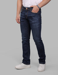 Med Blue 5 Pocket Mid-Rise Slim Straight Fit Stretch Jeans